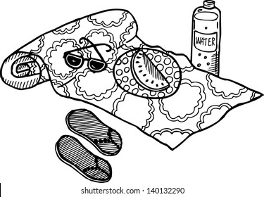 On the beach. Black and white hand-drawn illustration.