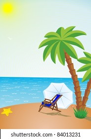 On the beach palm tree grows. Chaise lounge under a palm tree stands for rest and is an umbrella for protection from the hot sun.