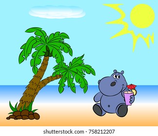 On the beach with palm trees, a hippopotamus drinks a cocktail with orange.