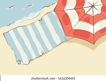 On the beach / Red sun umbrella, sand and sea, top view. Vector illustration with copy space.
