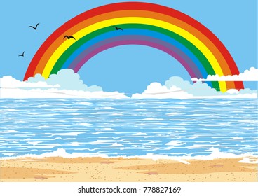 on the beach see a rainbow in the middle of the sea with the waves and birds on the sea sky blue background