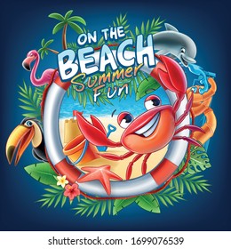 on the beach summer fun illustration with crab tucan flamingo and dolphin