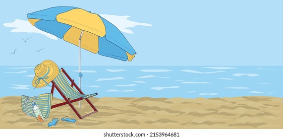 Сhaise-longue on the beach under an umbrella against the background of the sea or ocean. Vacation illustration by the sea.