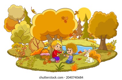 On a beautiful day, children are having a picnic by the lake in the forest. Vector illustration in children's style.