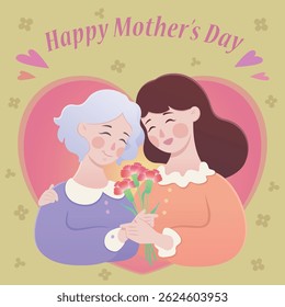 On the beautiful Mother's Day, a daughter gives flowers to her mother to express her gratitude for her hard work.