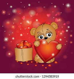 
on a beautiful red background bear cub holding a heart gift