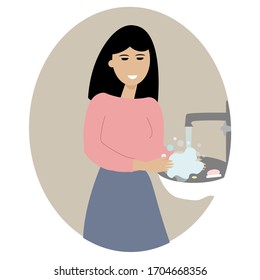 On a beige background, an Asian girl with black hair in a pink sweater and a long burgundy skirt washes her hands in plentiful foam under running water. On the sink lies a pink soap. Vector. 