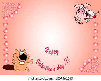 On a beige background, cards with hearts next to the inscription ... Happy Valentine's Day, there are beavers and a flying pig with an arrow.