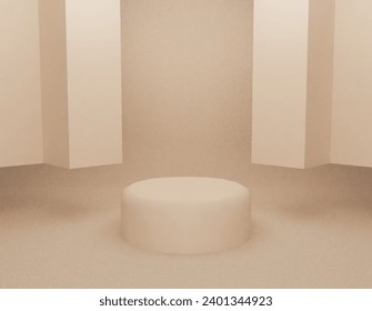 Auf beigem Hintergrund befindet sich eine kreisförmige Plattform in der Mitte und ein verworrenes Vorhangmodell dahinter. 3D-Vektorhintergrund.