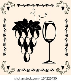 on beige background are vintage grapes and glass of wine