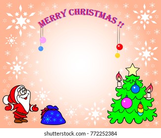On a beige background with white snowflakes is a Christmas tree, Santa Claus with a bag of gifts and an inscription-Merry Christmas