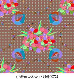 On a beige backgroundVC seamless background pattern with tropical leaves and flowers on a beige background.