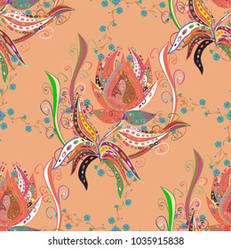 On beige, orange and green colors. Beautiful watercolor pattern with flowers. Vector illustration.