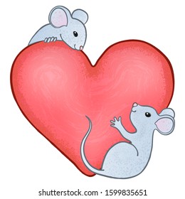 On a big pink heart, two cute mice are looking at each other with interest. Vector cartoon illustration, isolated on white background.