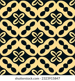 On black background, captivating black and yellow pattern emerges, showcasing an art deco and art nouveau fusion. Its repeating fabric pattern evokes sense of sophistication.