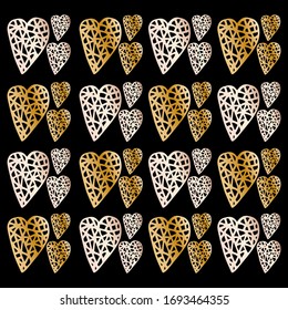 On a black background in a checkerboard are groups of hearts of gold and pearl color. Beautiful openwork hearts of large and small size. Vector graphics.