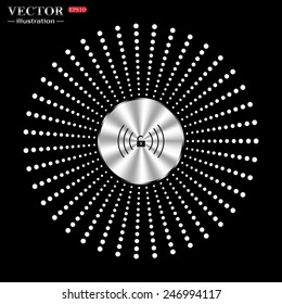 On a black background circle of metal. Wireless network access is open, unlocked , vector illustration, EPS 10