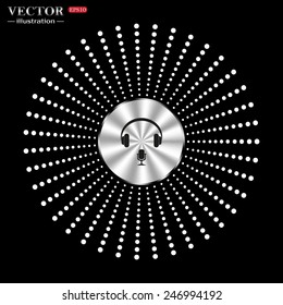 On a black background circle of metal. Headphones. Musical accessory,   vector illustration, EPS 10