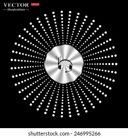 On a black background circle of metal. Headphones. Musical accessories running through wi-fi network,  vector illustration, EPS 10