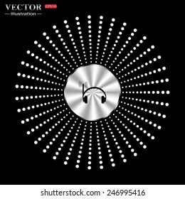 On a black background circle of metal. Headphones. Musical accessories running through wi-fi network,  vector illustration, EPS 10