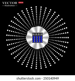 On a black background circle of metal. battery charger with batteries, vector illustration, EPS 10 