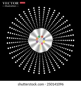 On a black background circle of metal. Children's toy wind mill, turntables, pinwheel wind vane, vector illustration, EPS 10