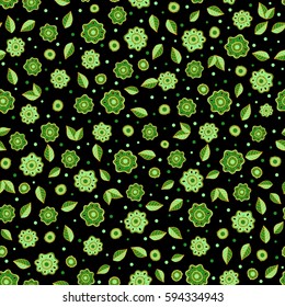 On black background. Cute seamless pattern in small flower. Ditsy floral style in green and yellow colors. Vector illustration. The elegant the template for fashion prints.