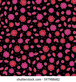 On black background. The elegant the template for fashion prints. Vector illustration. Ditsy floral style in red and magenta colors. Cute seamless pattern in small flower.