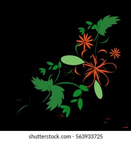 On a black background flexible branches with delicate leaves and flowers. background pattern. Vector - stock.