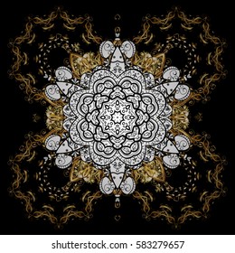 On black background with golden elements and white doodles. Classic vintage background. Traditional orient ornament. Classic vector golden pattern.