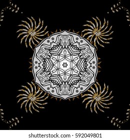 On black background with golden elements and with white doodles. Golden pattern. Vector oriental ornament.