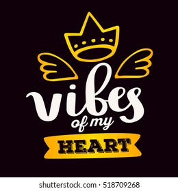 On black background golden gradient color handwritten vector lettering with crown and wings. Calligraphic inscription. Hand drawn lettering print. Apparel, t-shirt, bag, sticker, poster, card design