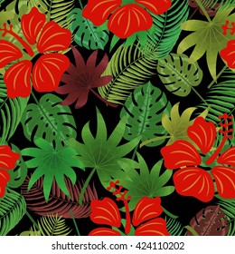 On a black background Hibiscus, tropical leaves. Seamless vector pattern.