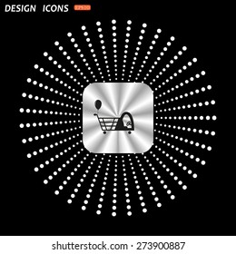 On a black background metallic square with rounded corners. Shopping with a cabin for children and inflatable festive ball. icon. vector design