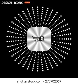 On a black background metallic square with rounded corners. Shopping basket with cabin for children. icon. vector design