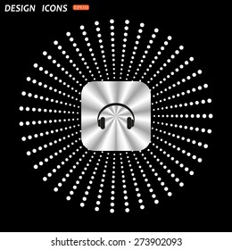 On a black background metallic square with rounded corners. Headphones. Musical accessory. icon. vector design