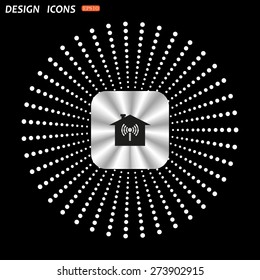 On a black background metallic square with rounded corners. The house is surrounded by a network wi-fi. icon. vector design