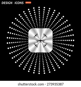 On a black background metallic square with rounded corners. Quadrocopter. icon. vector design