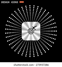On a black background metallic square with rounded corners. Fashion Icon aircraft around the world. icon. vector design