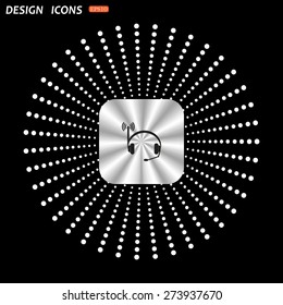 On a black background metallic square with rounded corners. Headphones. Musical accessories running through wi-fi network. icon. vector design