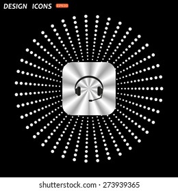 On a black background metallic square with rounded corners. Headphones. Musical accessory. icon. vector design
