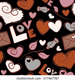 On a black background metaphor to Valentine and romantic. Vector seamless pattern concept conceptual painted many heart, love symbol, flower and letter in brown colors. Made by a happy child at school