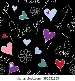 On a black background metaphor to Valentines day, romantic, art feeling. Vector seamless pattern hand painted concept with hearts, flower and love label in red, purple and blue colors.