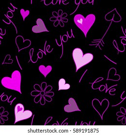 On a black background metaphor to Valentines day, romantic, art feeling. Vector seamless pattern hand painted concept with hearts, flower and love label in purple, pink and magenta colors.