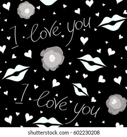 On a black background metaphor to Valentines day, romantic, art feeling. Vector seamless pattern hand painted concept with hearts, flower, love label and letter in neutral and gray colors.