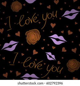 On a black background metaphor to Valentines day, romantic, art feeling. Vector seamless pattern hand painted concept with hearts, flower, love label in brown and yellow colors.