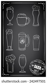 on a black background painted white silhouettes of glasses of beer of different sizes 