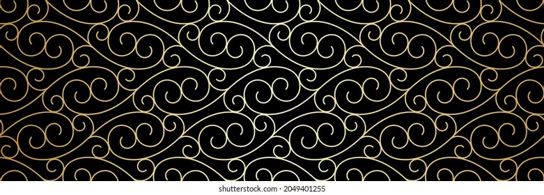 On black background Pattern with golden wavy lines and scrolls. Seamless abstract floral background. Vector geometric design for textile, fabric and wallpaper. Decorative lattice.