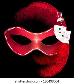 on a black background is a red half mask decorated with feather, gems and cards