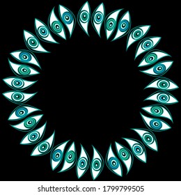 
On a black background, a round frame of eyes.